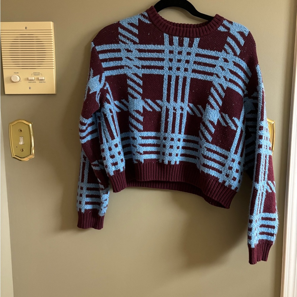 Plaid Patterned Sweater - Blue and Burgundy